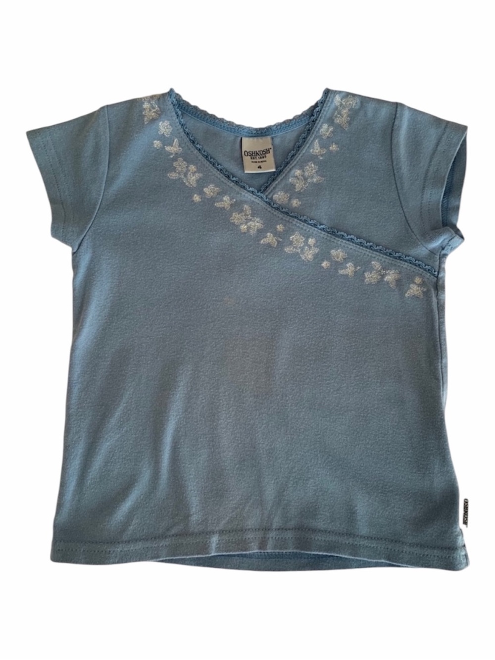 VTG OshKosh Shirt Girls 4 Blue Floral Embroidery Top Scallop Lace Short Sleeves